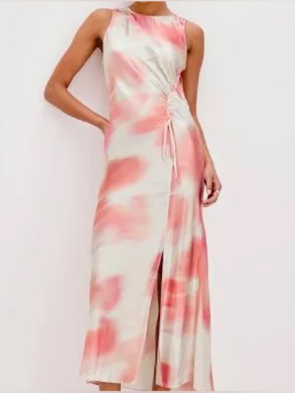 pink tie-dye satin biased, cut maxi dress